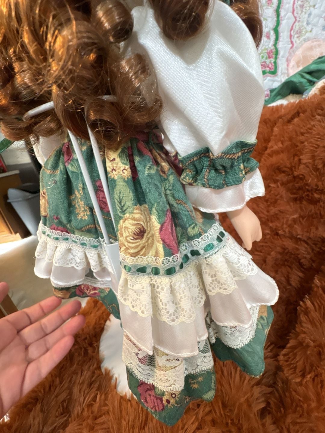 D8 Vintage Porcelain Collector Doll with Green Floral Dress and Matching Hat 10