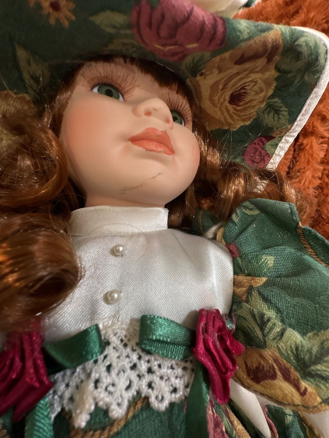 D8 Vintage Porcelain Collector Doll with Green Floral Dress and Matching Hat 14