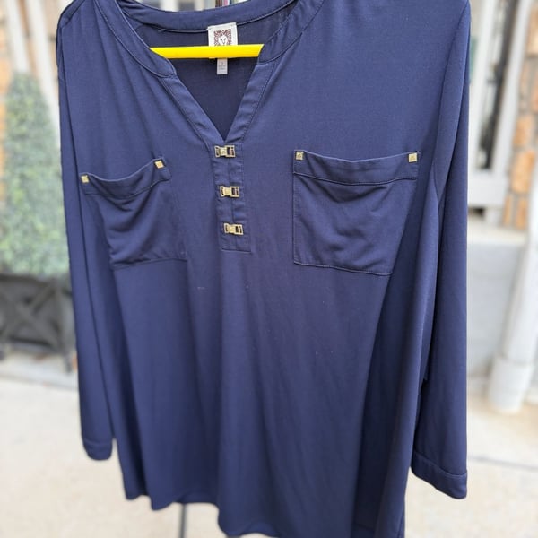 Jones New York Navy Blue V-Neck Tunic Blouse with Gold Hardware Accent Size 3X