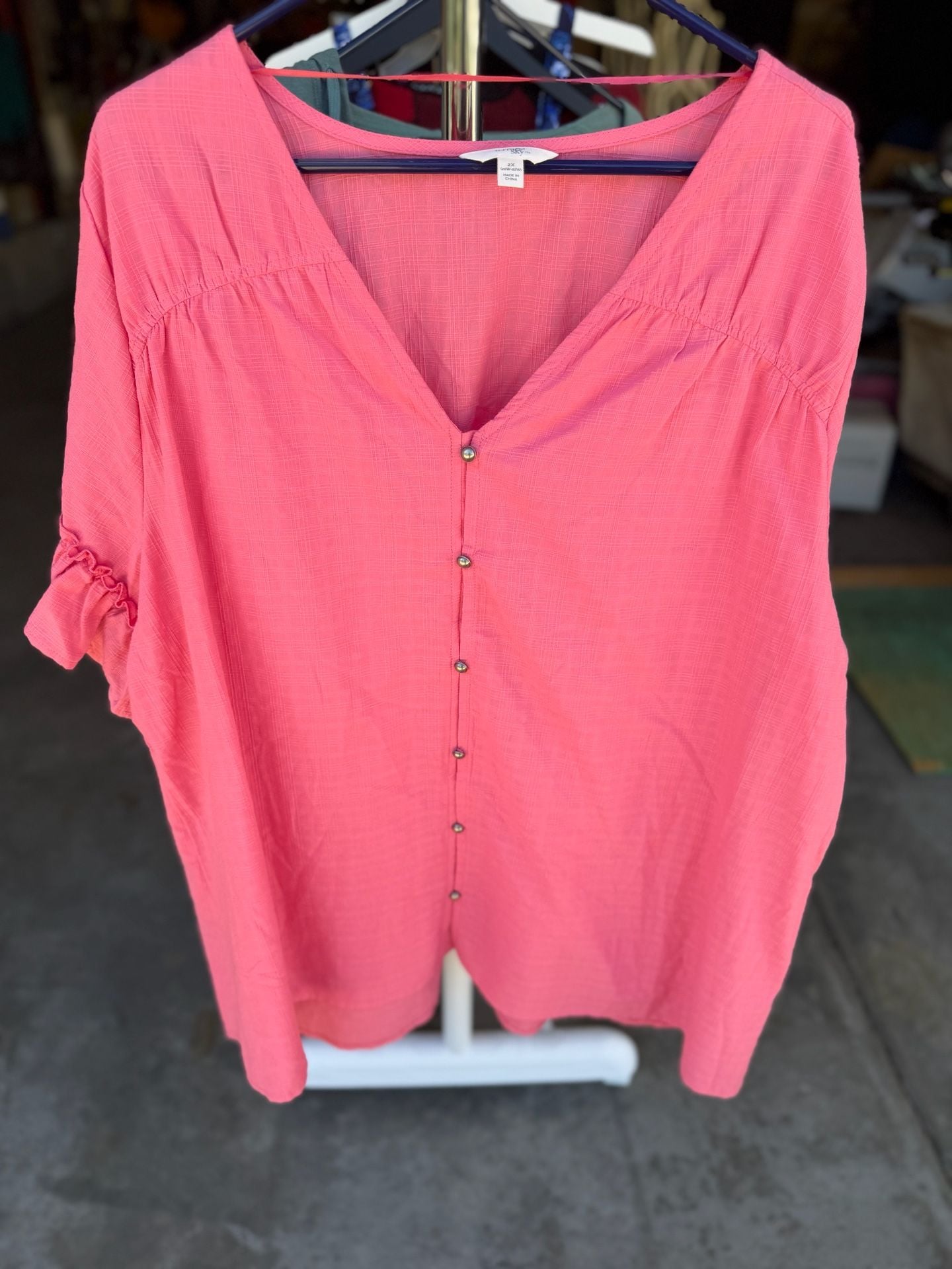 Terra & Sky Pink Button Down V-Neck Short Sleeve Blouse Plus Size 2X 2