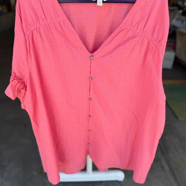 Terra & Sky Pink Button Down V-Neck Short Sleeve Blouse Plus Size 2X