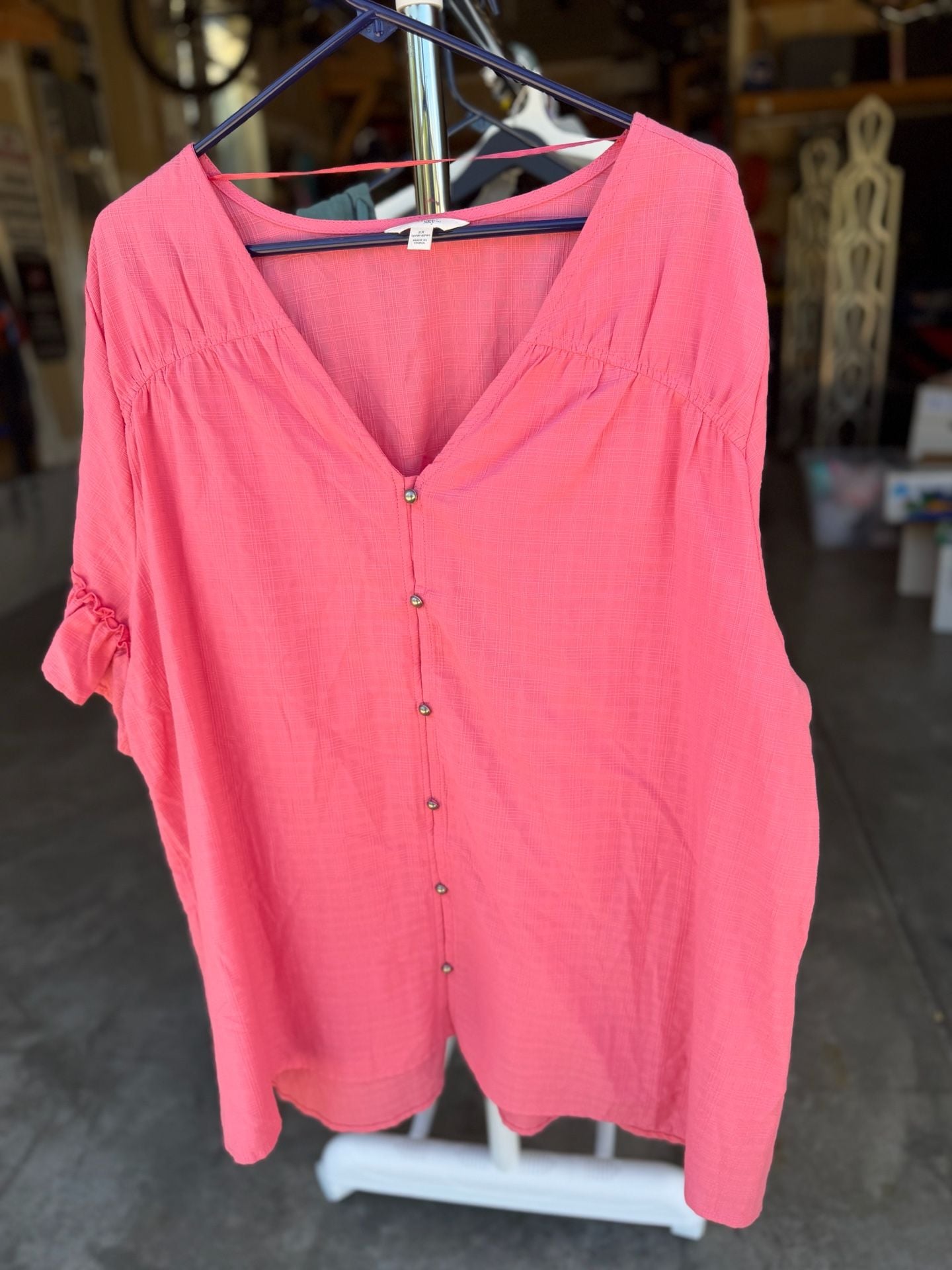 Terra & Sky Pink Button Down V-Neck Short Sleeve Blouse Plus Size 2X 3