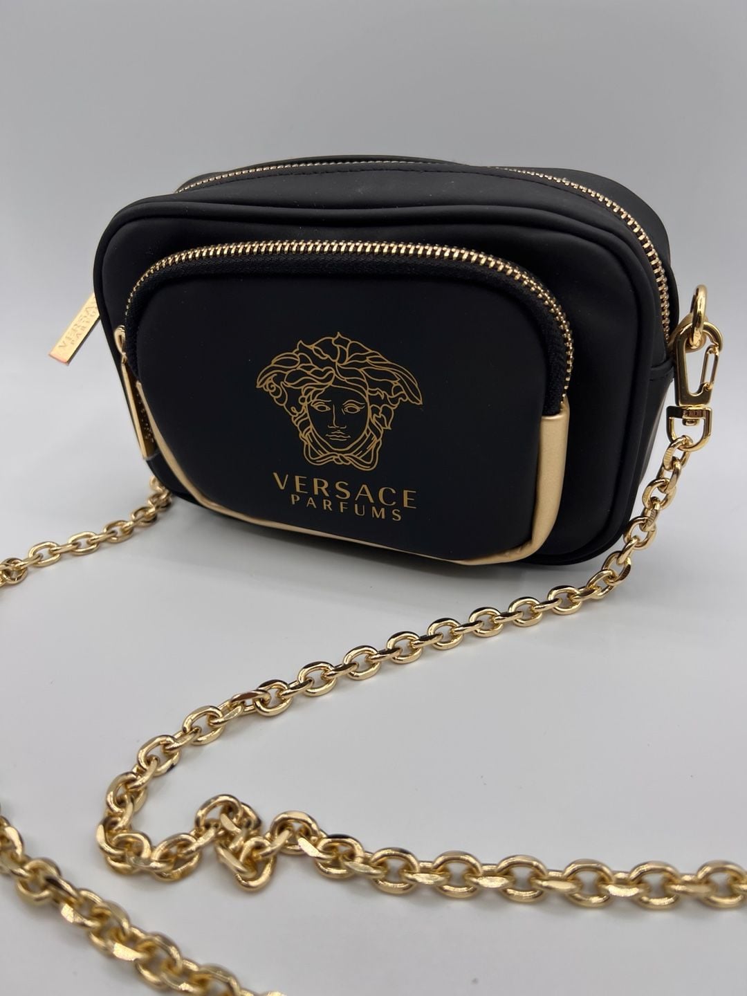 Versace Parfums Black and Gold Medusa Logo Crossbody Bag Purse 10