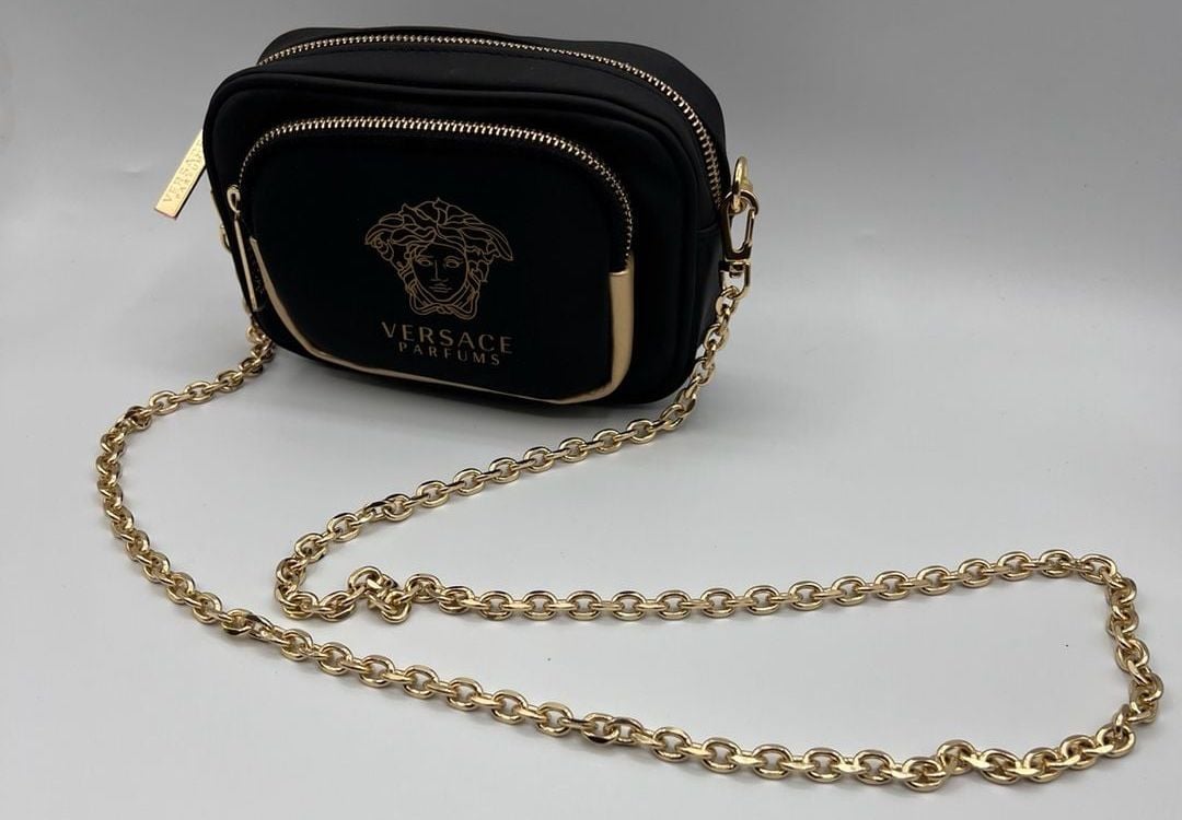Versace Parfums Black and Gold Medusa Logo Crossbody Bag Purse 11