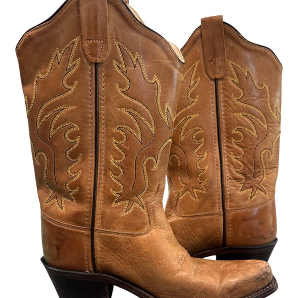 Old West CF8229 Youth 1.5 Tan Leather Cowboy Boots Western Snip Toe