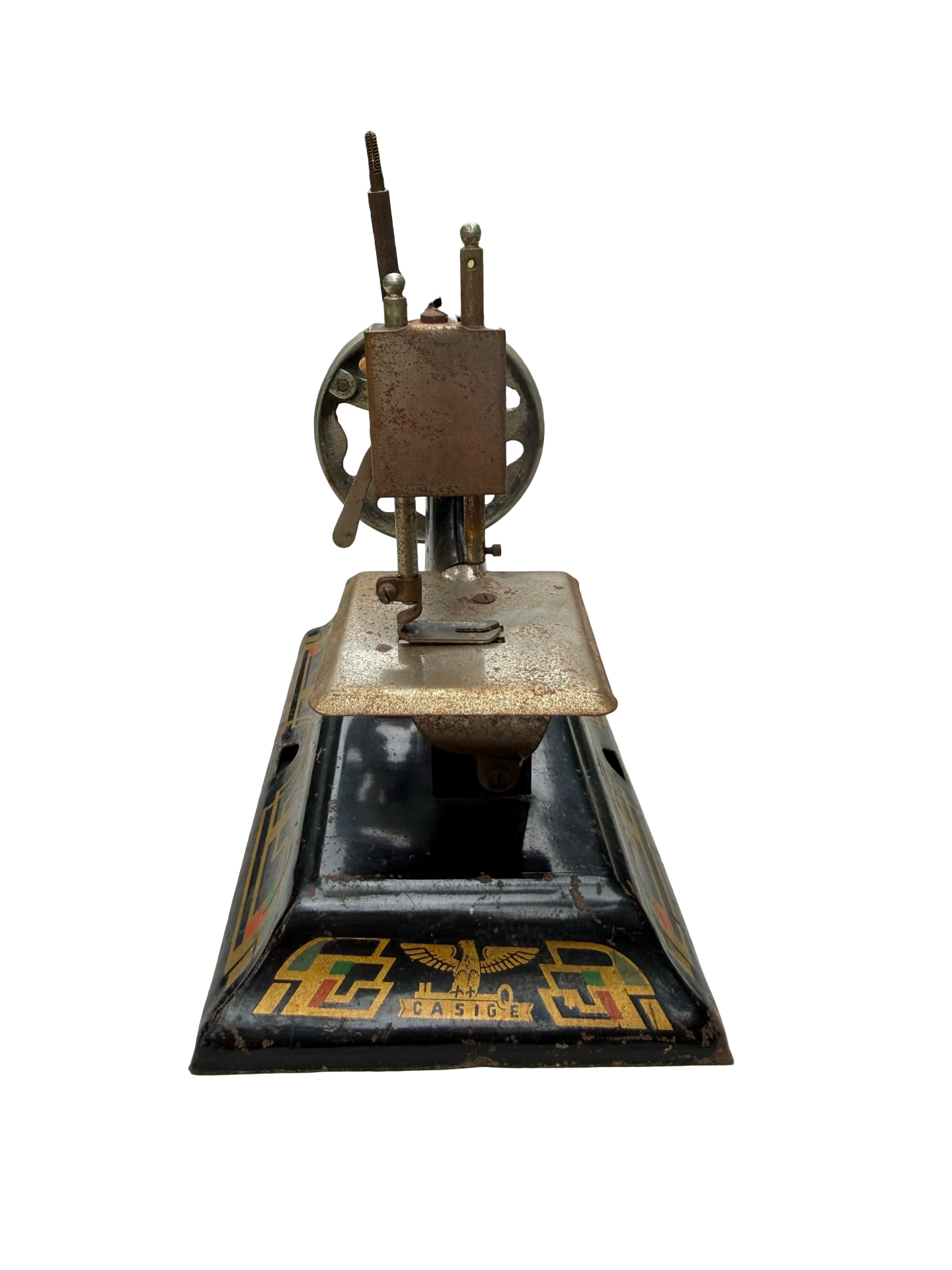 Casige Vintage German Child's Toy Hand Crank Sewing Machine with Art Deco Litho 4