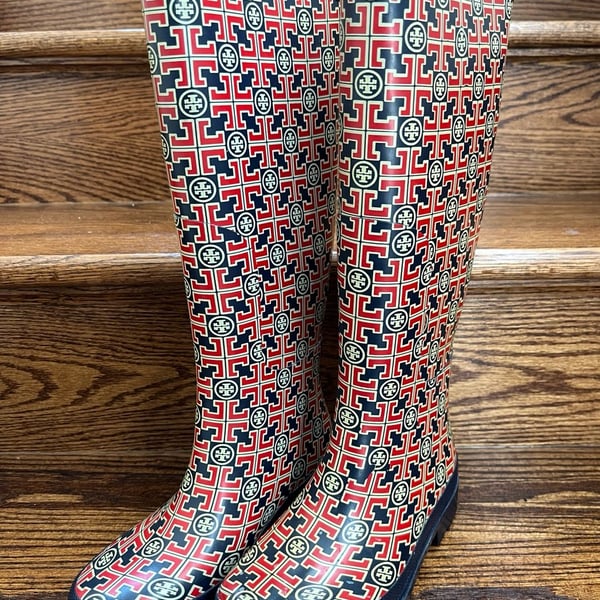 Tory Burch Rubber Monogram Tall Rain Boots Size 5