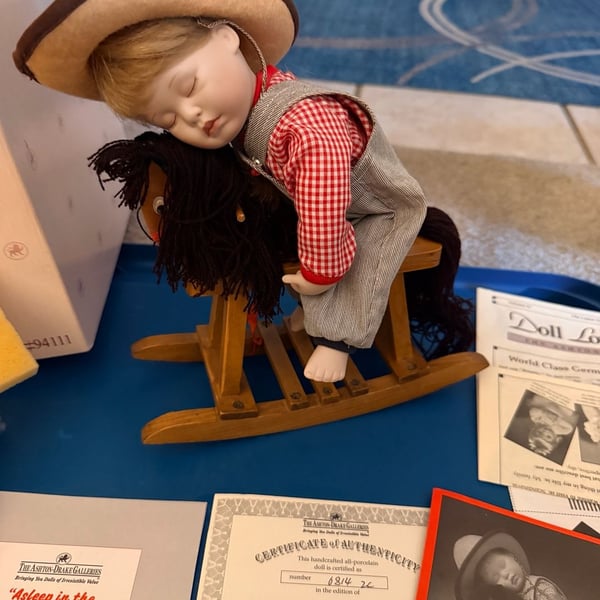 Ashton Drake Galleries Asleep In The Saddle Porcelain Doll on Rocking Horse