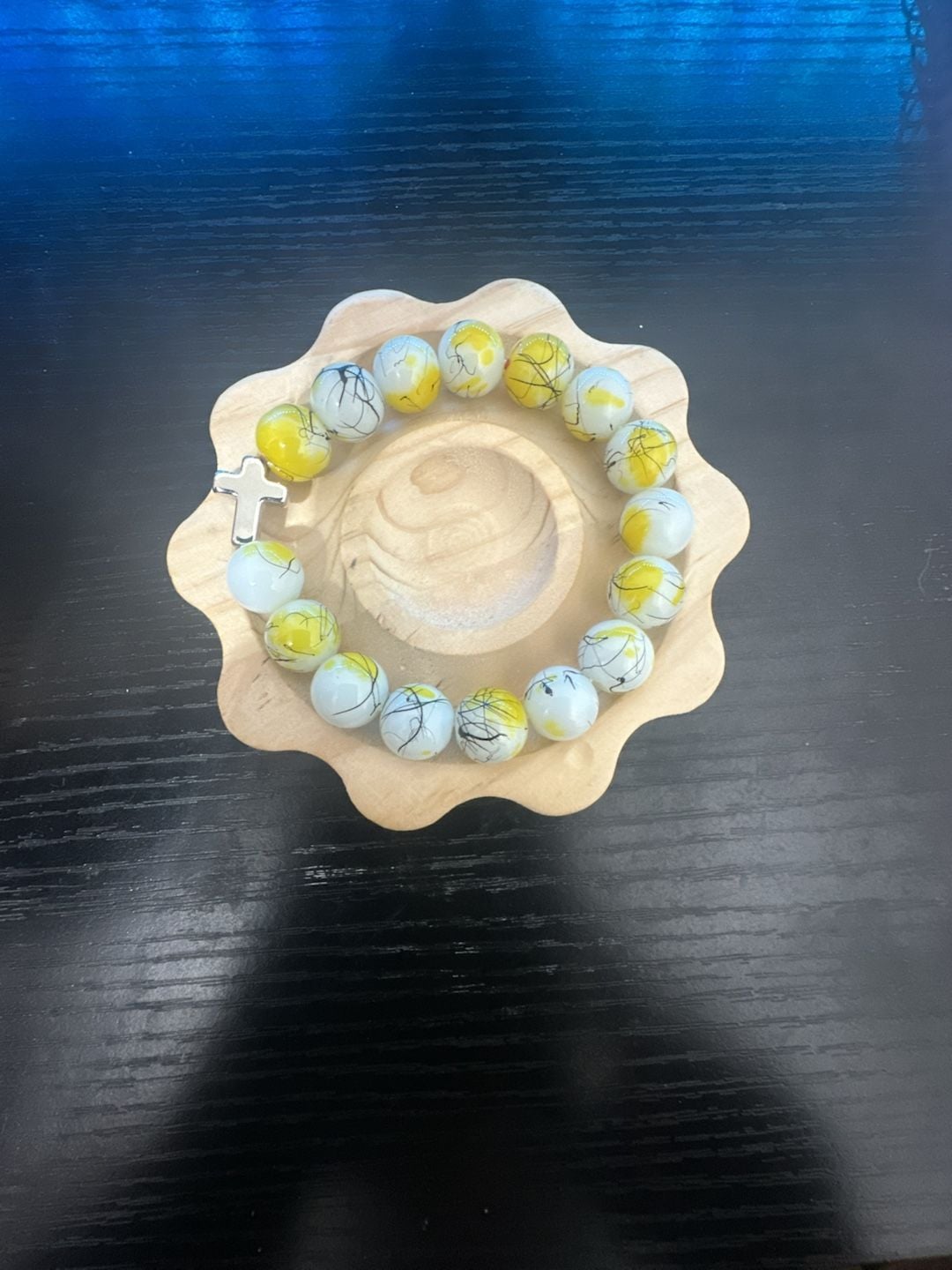 Glass Bead Round Yellow Splatter Beaded Bracelet with Cross Charm 2