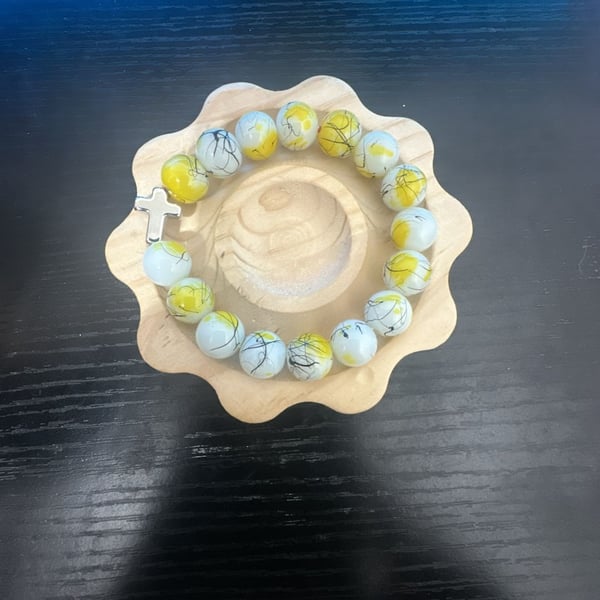 Glass Bead Round Yellow Splatter Beaded Bracelet with Cross Charm