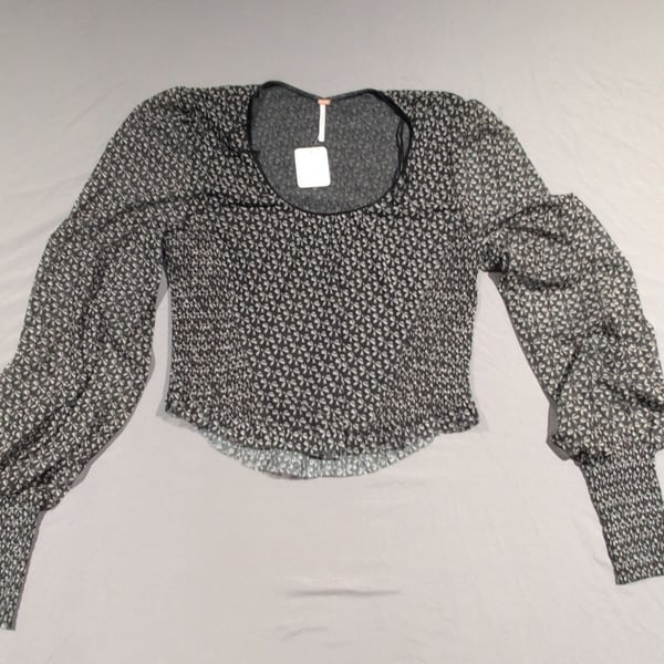 Free People Dottie Printed Long Sleeve Knit Top Black Combo Size L New WT