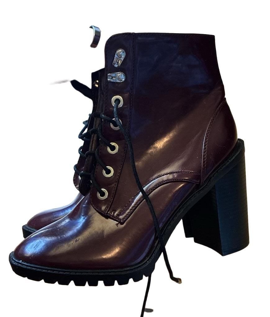 Burgundy Patent Leather Lace-Up Chunky Heel Ankle Boots Size 9 2