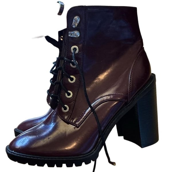 Burgundy Patent Leather Lace-Up Chunky Heel Ankle Boots Size 9
