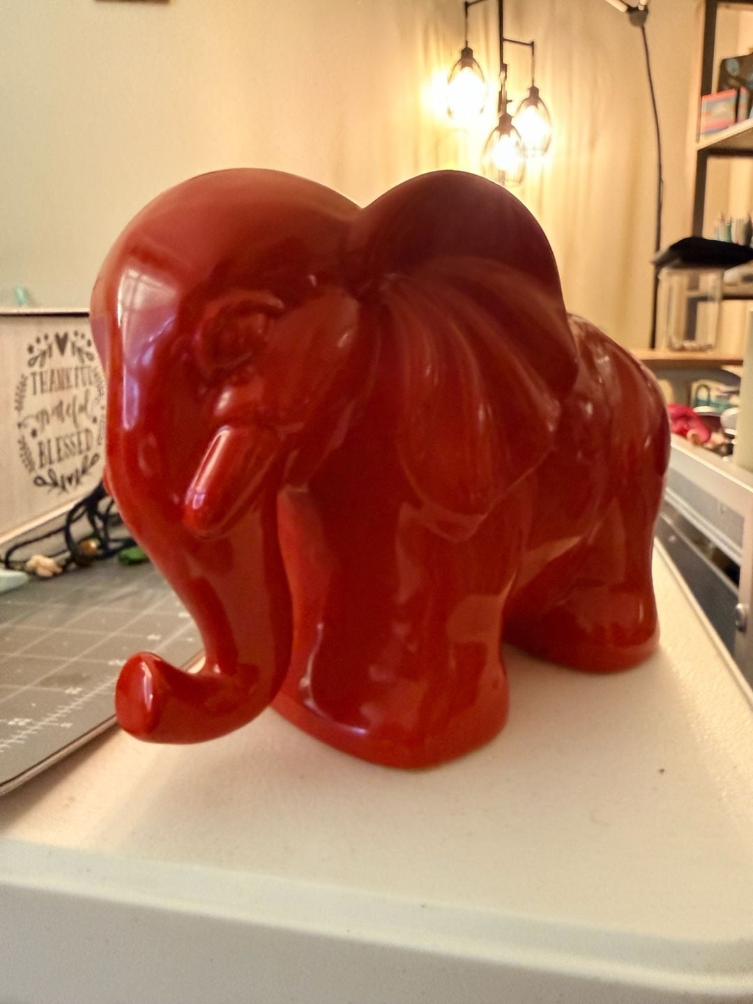 Vintage Red Ceramic Glossy Elephant Figurine Statue 1