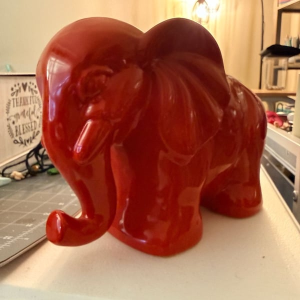 Vintage Red Ceramic Glossy Elephant Figurine Statue