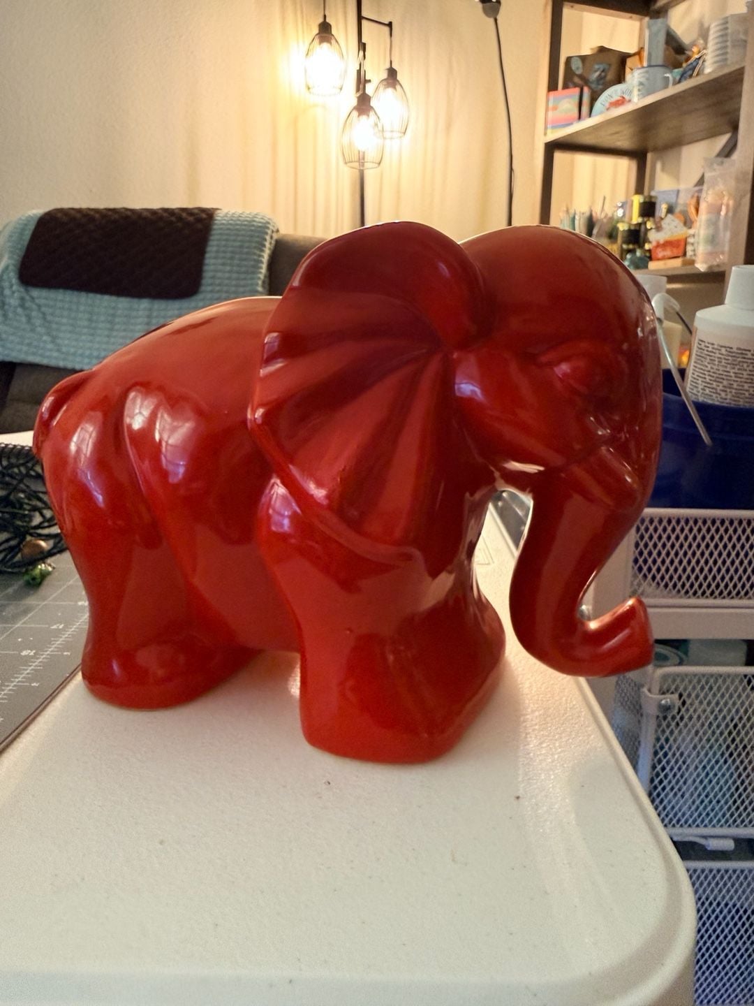 Vintage Red Ceramic Glossy Elephant Figurine Statue 2
