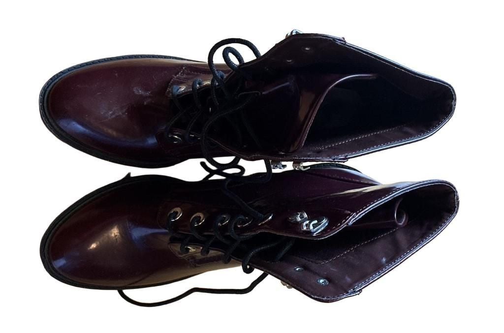 Burgundy Patent Leather Lace-Up Chunky Heel Ankle Boots Size 9 3