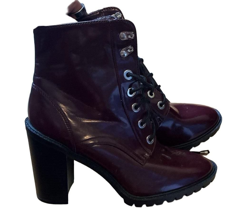 Burgundy Patent Leather Lace-Up Chunky Heel Ankle Boots Size 9 4