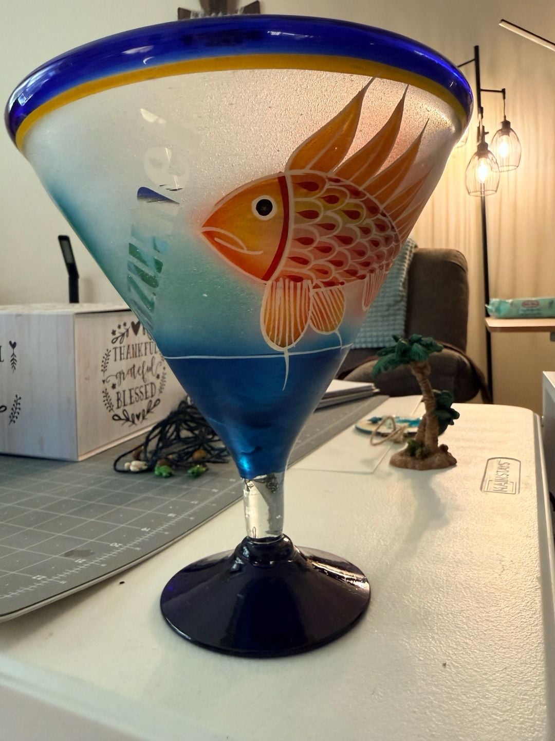 Mexican Hand Blown Art Glass Hand Painted Tropical Fish Margarita Glass Cozumel 1