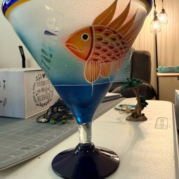 Mexican Hand Blown Art Glass Hand Painted Tropical Fish Margarita Glass Cozumel
