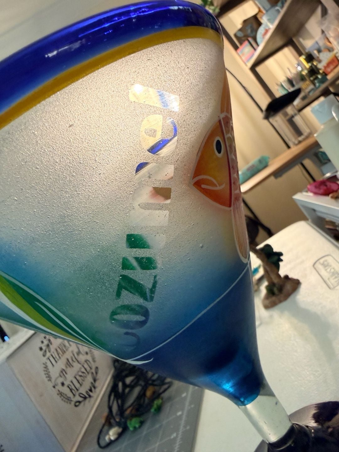 Mexican Hand Blown Art Glass Hand Painted Tropical Fish Margarita Glass Cozumel 2