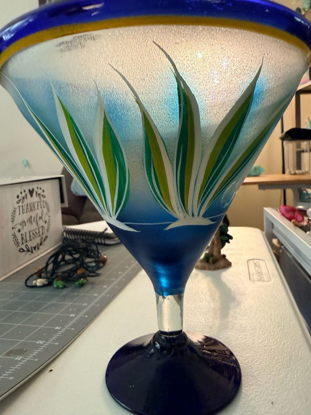 Mexican Hand Blown Art Glass Hand Painted Tropical Fish Margarita Glass Cozumel 3