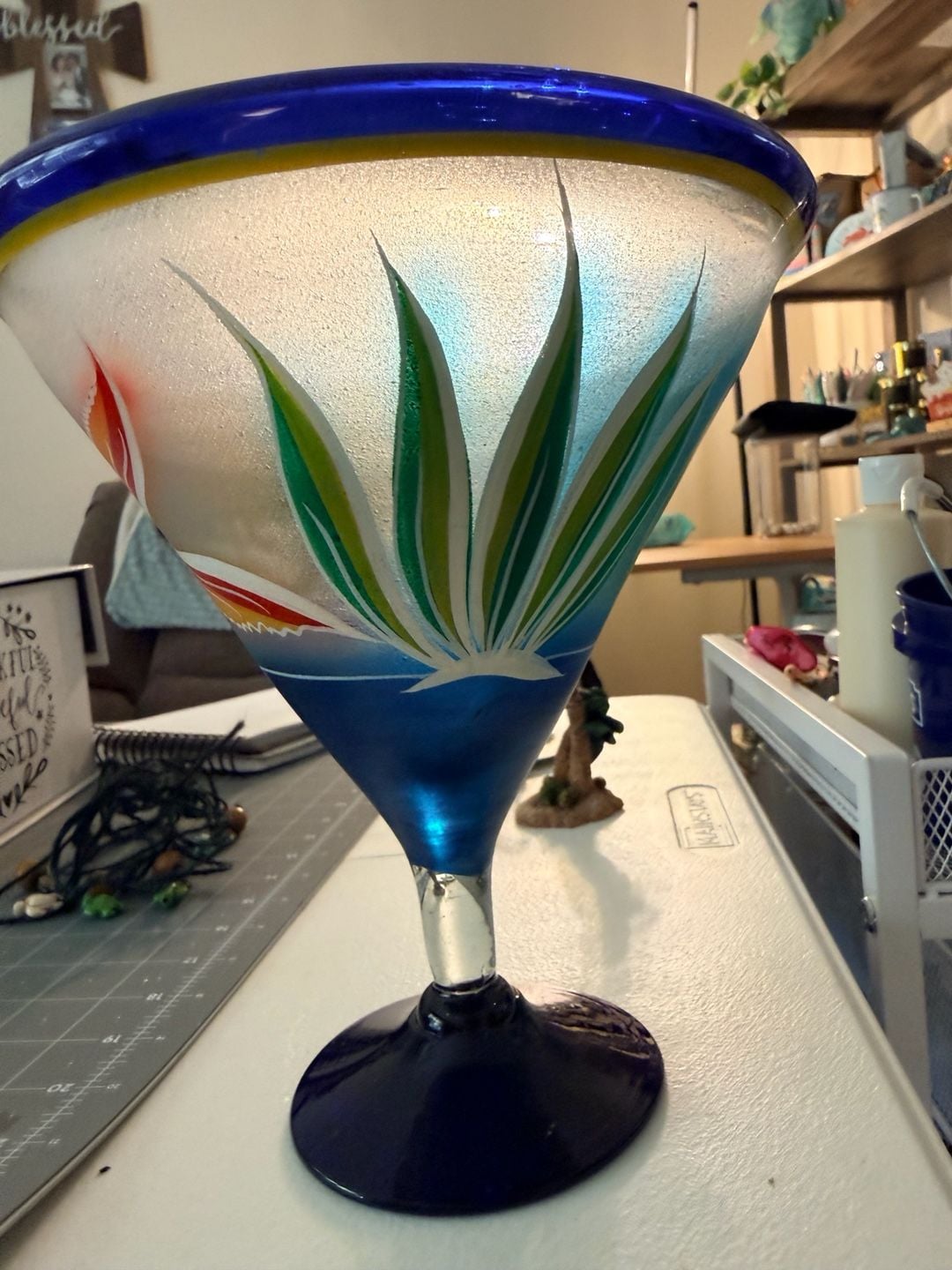 Mexican Hand Blown Art Glass Hand Painted Tropical Fish Margarita Glass Cozumel 4