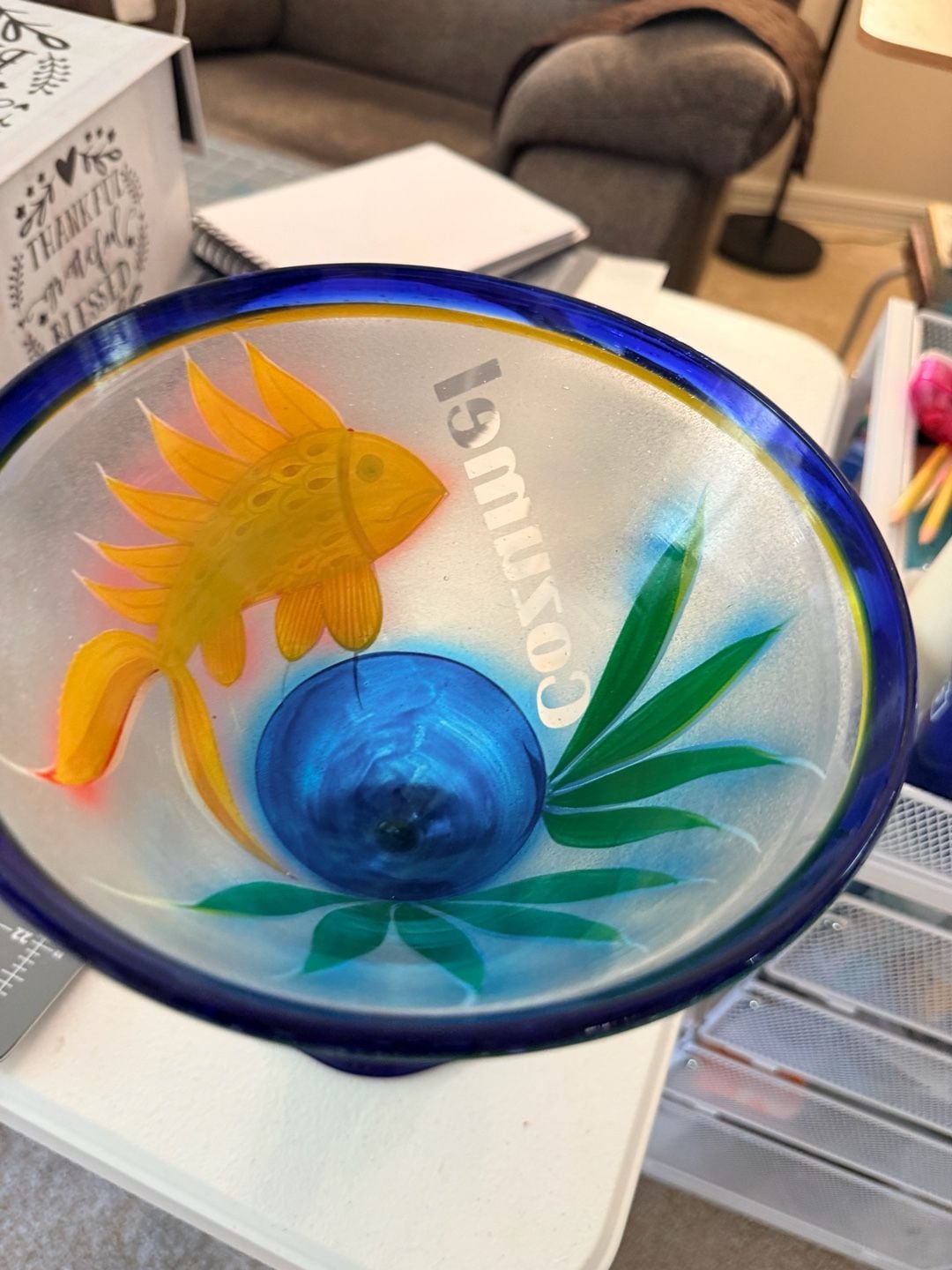 Mexican Hand Blown Art Glass Hand Painted Tropical Fish Margarita Glass Cozumel 7