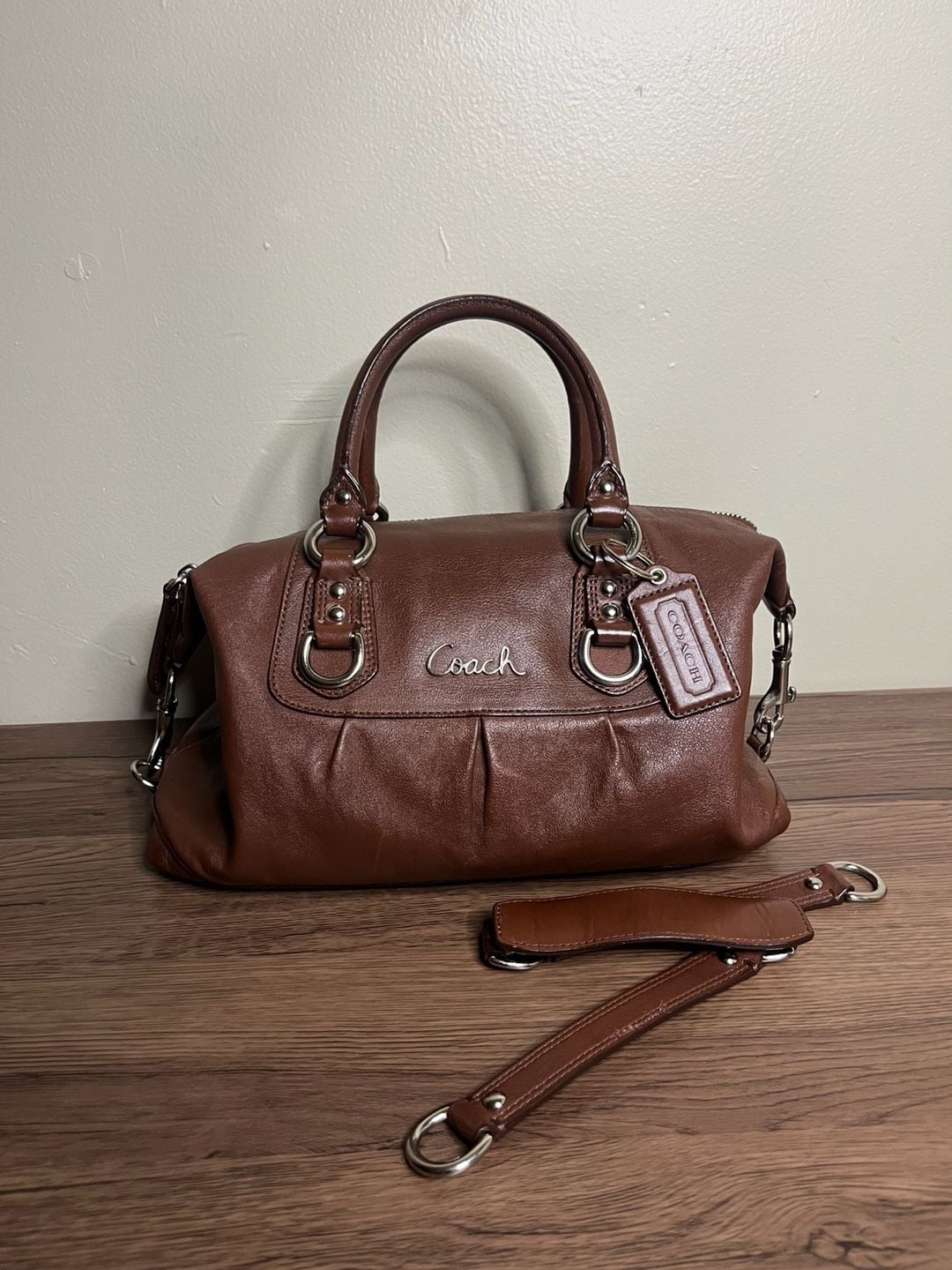 Coach Ashley Brown Leather Pleated Satchel Handbag 2