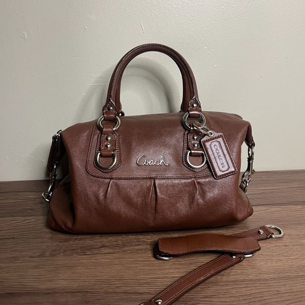 Coach Ashley Brown Leather Pleated Satchel Handbag