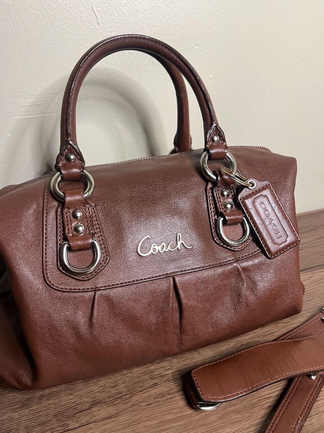 Coach Ashley Brown Leather Pleated Satchel Handbag 3
