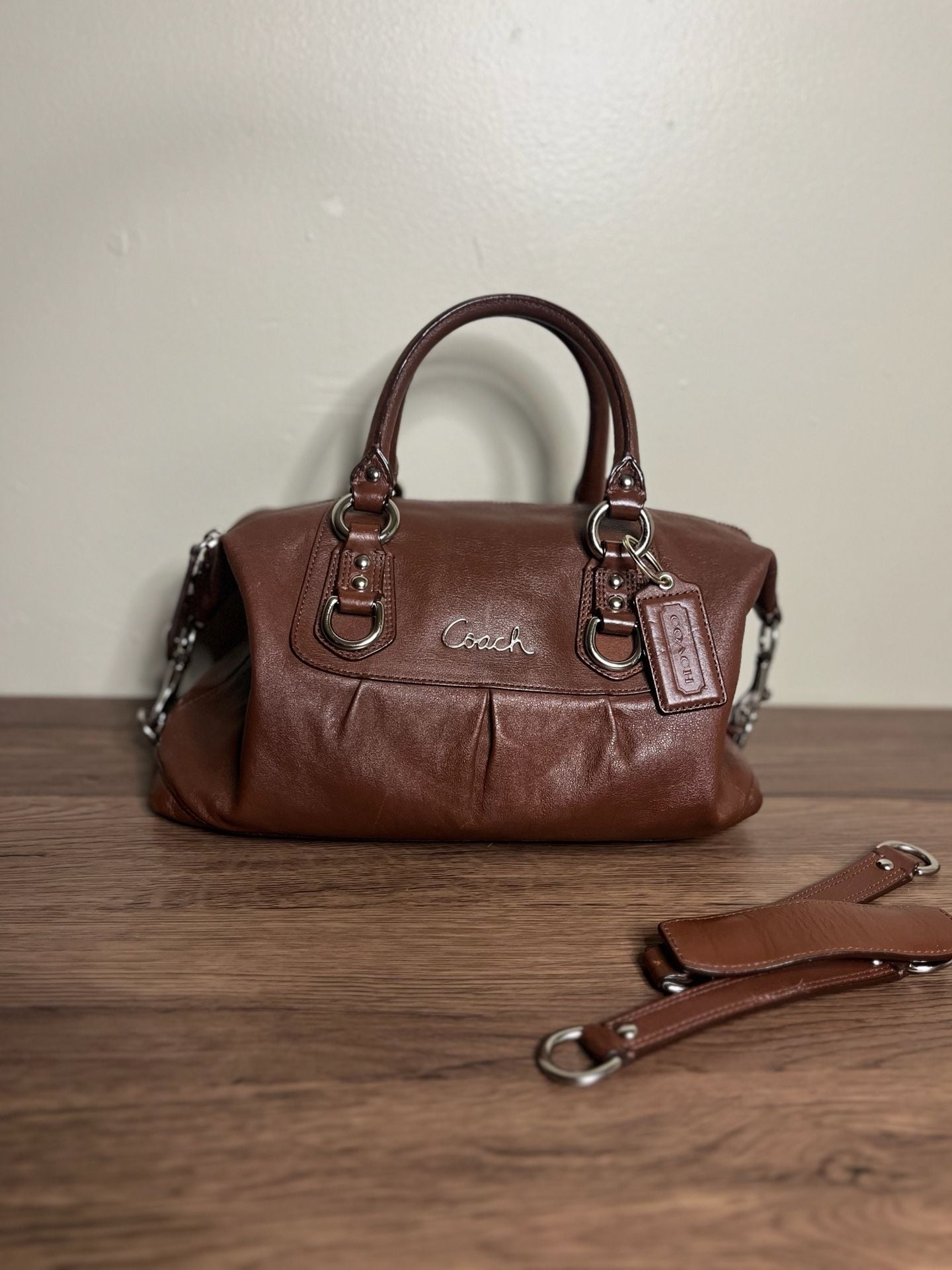Coach Ashley Brown Leather Pleated Satchel Handbag 4