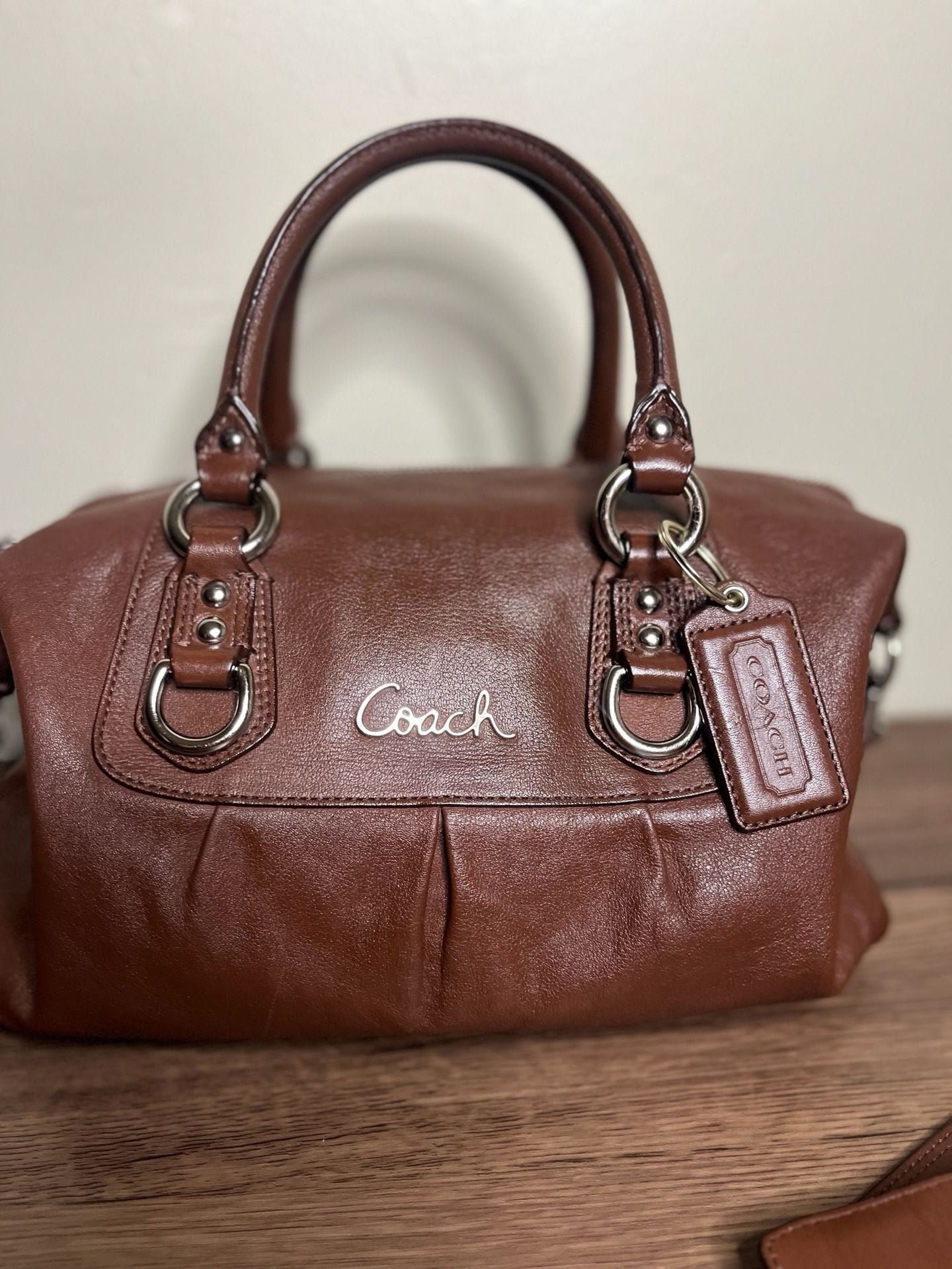 Coach Ashley Brown Leather Pleated Satchel Handbag 5