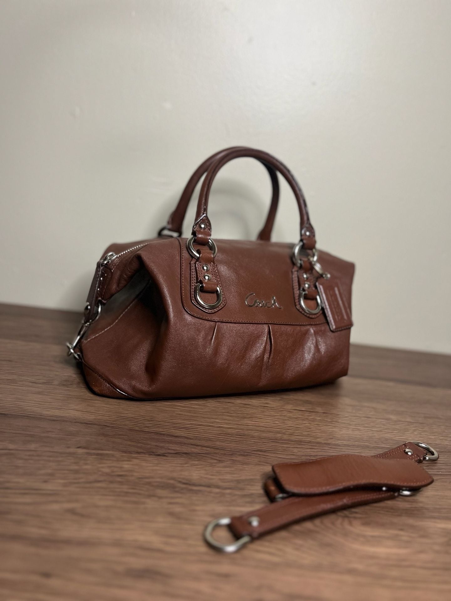 Coach Ashley Brown Leather Pleated Satchel Handbag 6