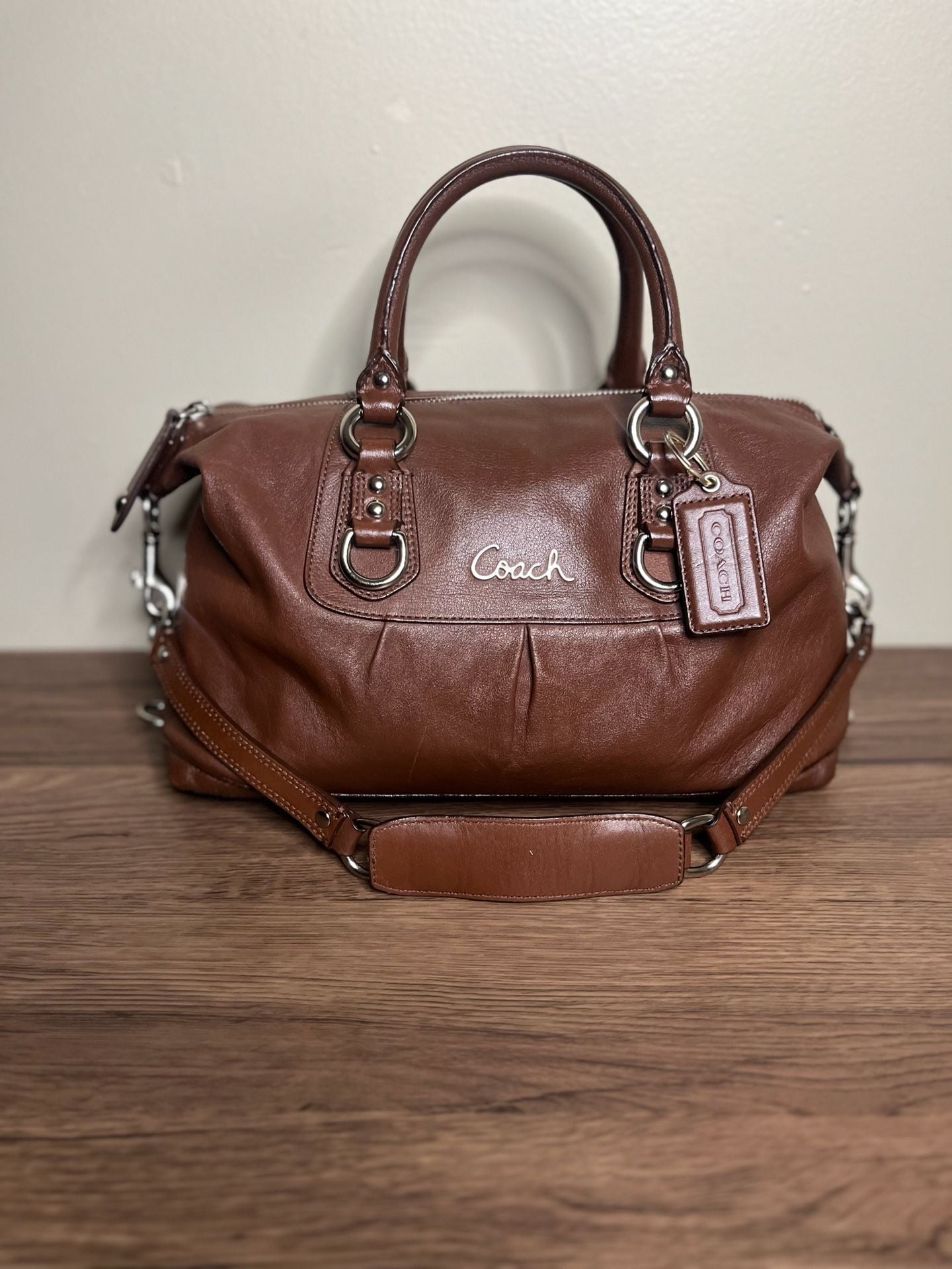Coach Ashley Brown Leather Pleated Satchel Handbag 7