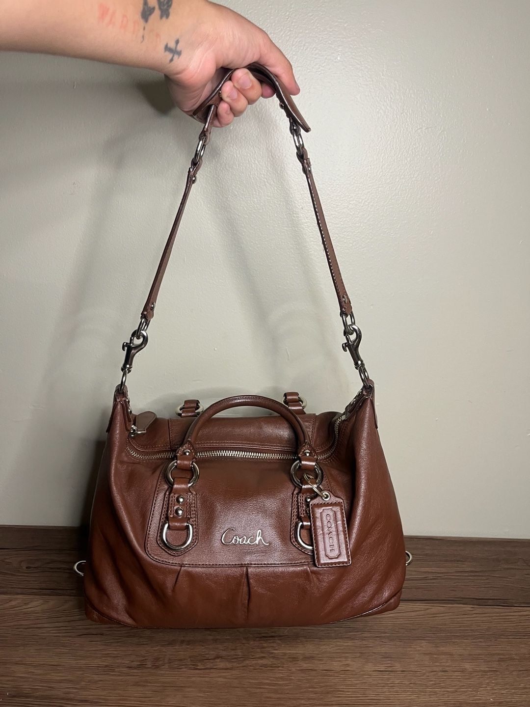 Coach Ashley Brown Leather Pleated Satchel Handbag 8