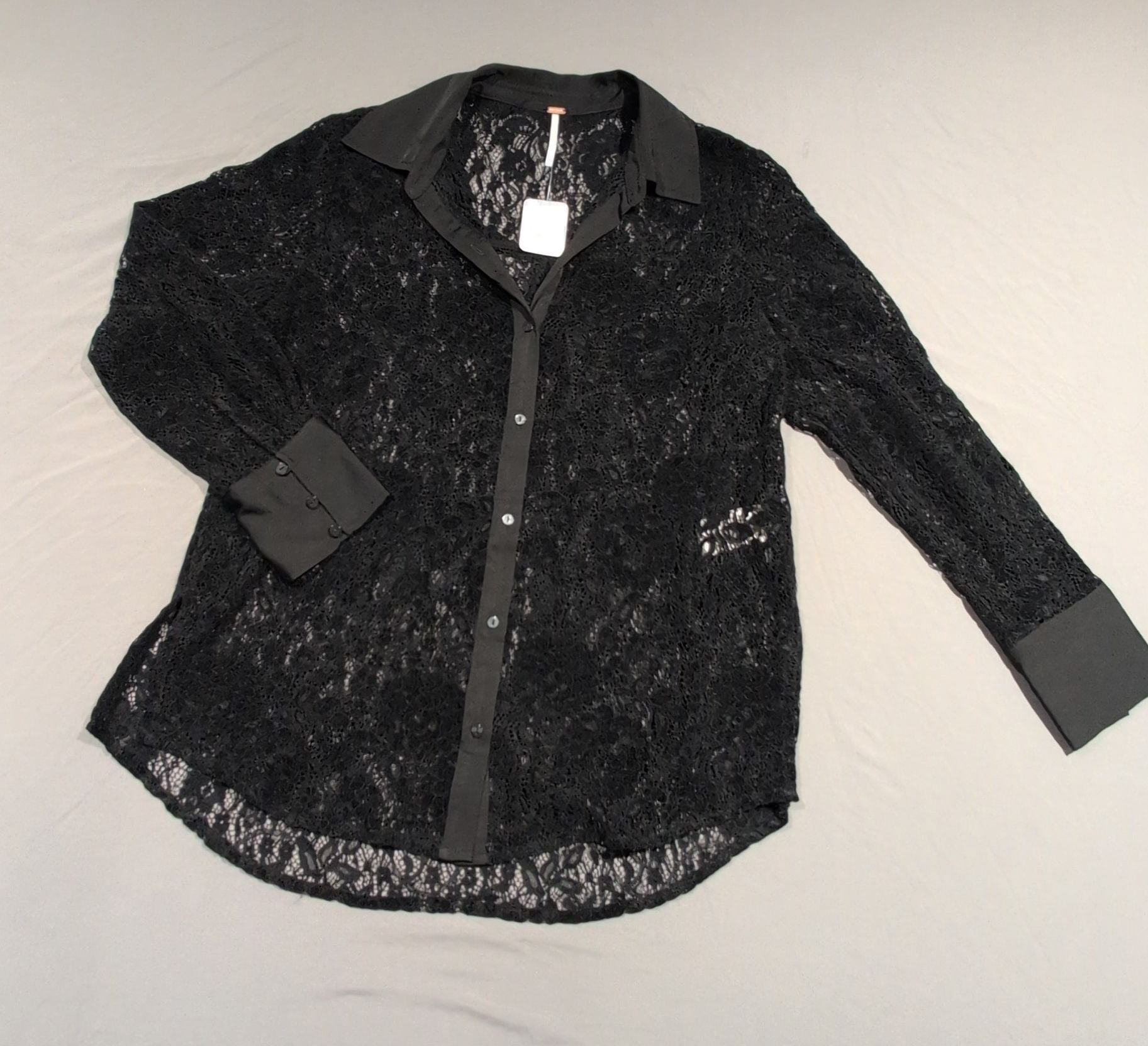 Free People Faith Lace Button Down Shirt Black Size XS New 2