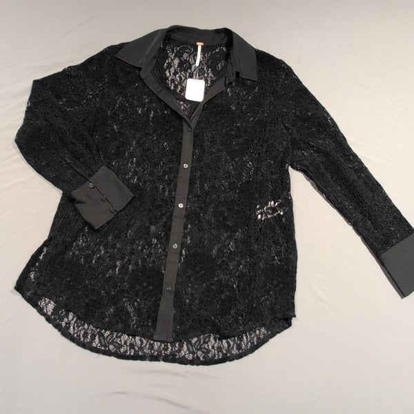 Free People Faith Lace Button Down Shirt Black Size XS New