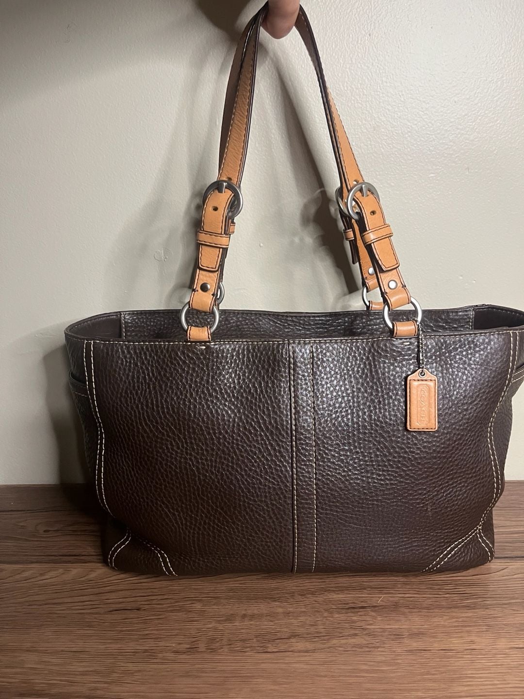 Coach Brown Pebbled Leather Tote Handbag with Tan Straps and Silver Hardware 2