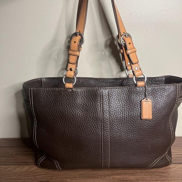 Coach Brown Pebbled Leather Tote Handbag with Tan Straps and Silver Hardware