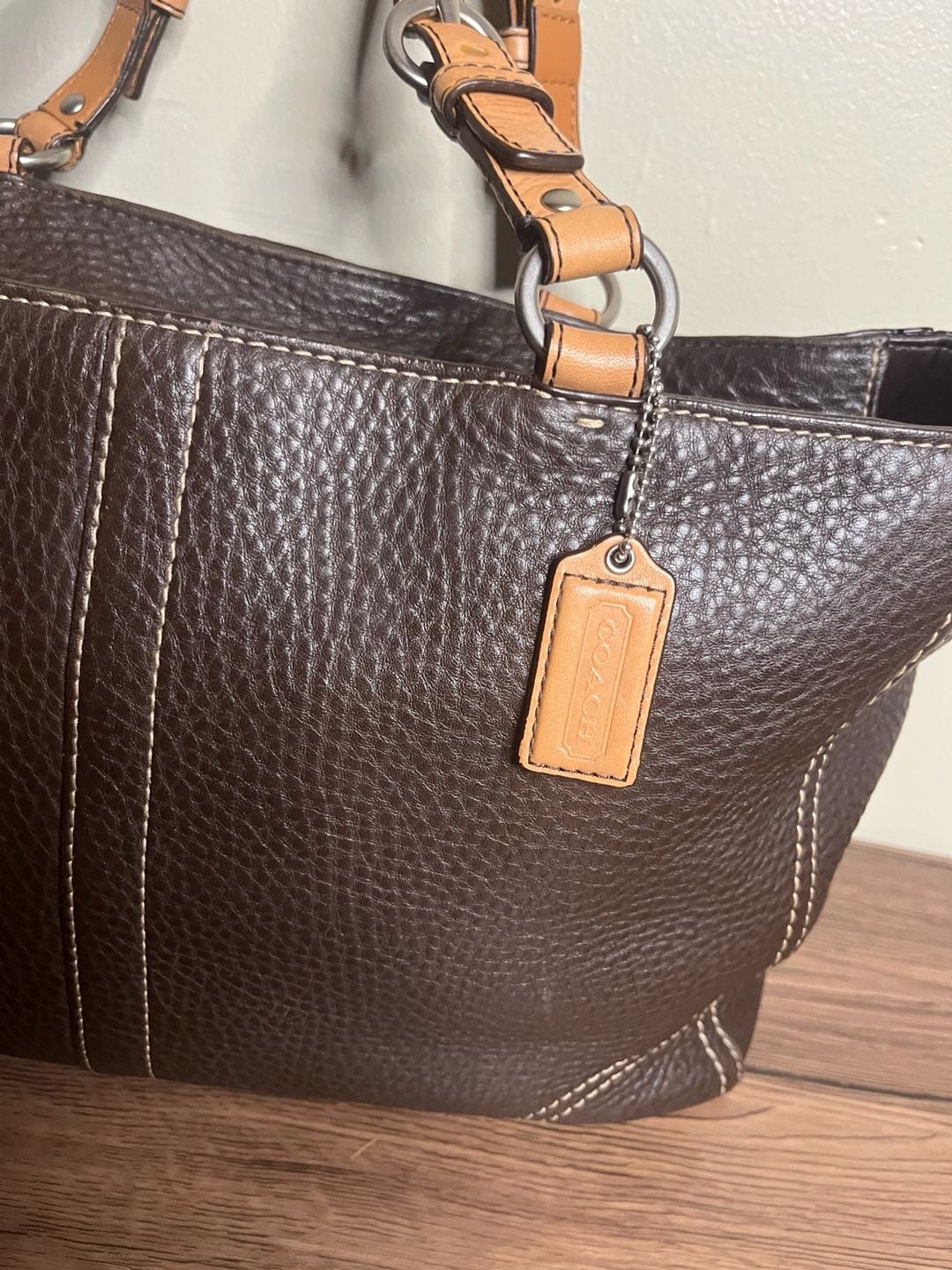 Coach Brown Pebbled Leather Tote Handbag with Tan Straps and Silver Hardware 3