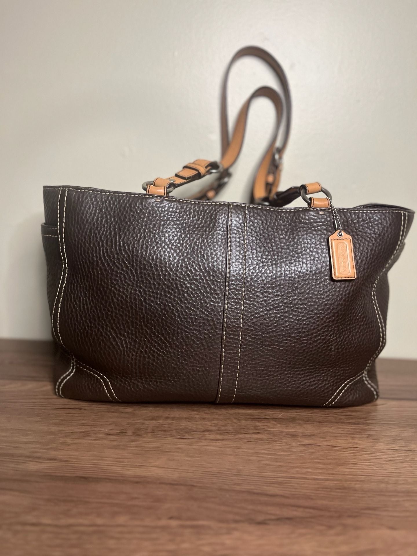 Coach Brown Pebbled Leather Tote Handbag with Tan Straps and Silver Hardware 4