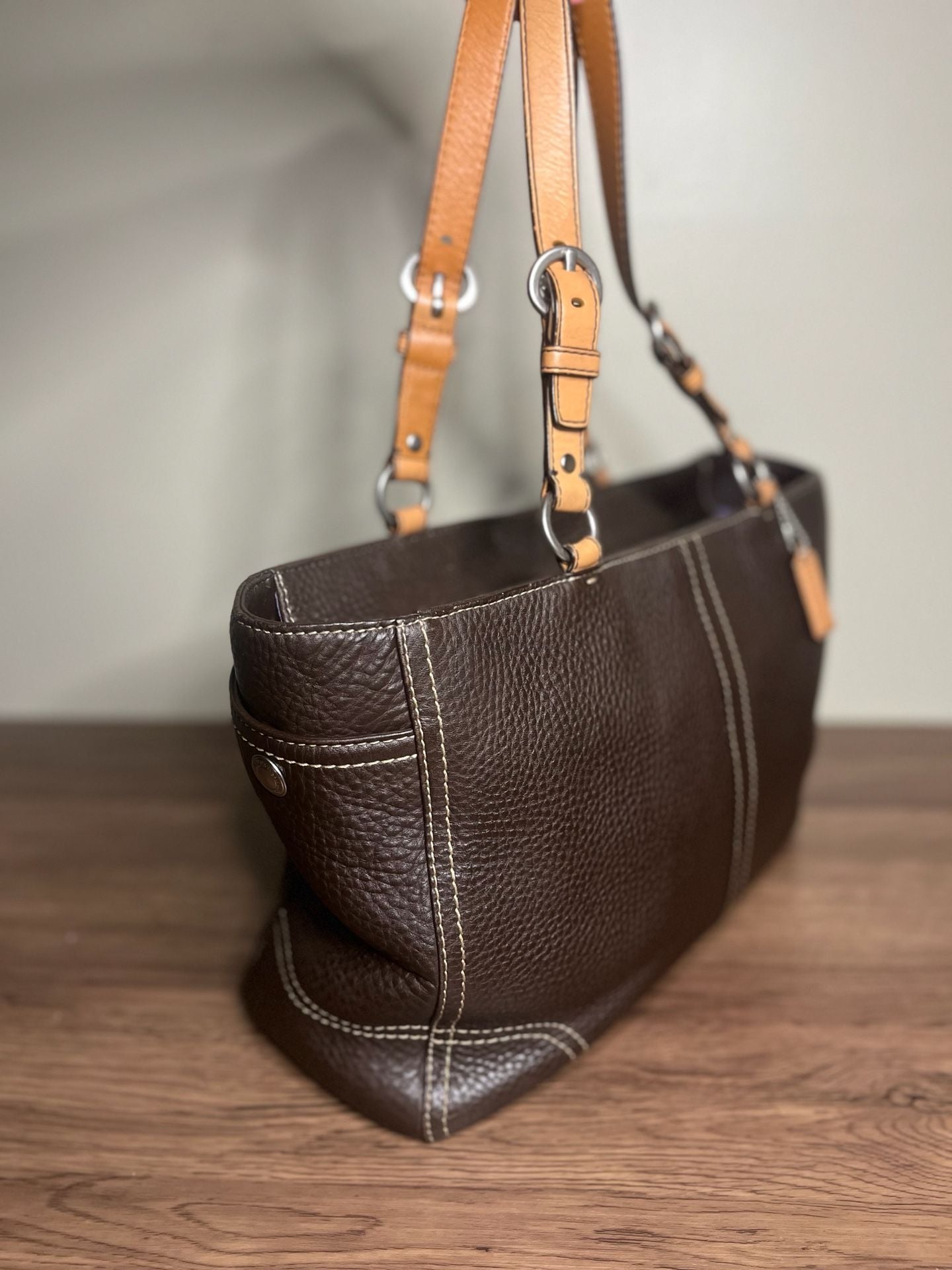 Coach Brown Pebbled Leather Tote Handbag with Tan Straps and Silver Hardware 6