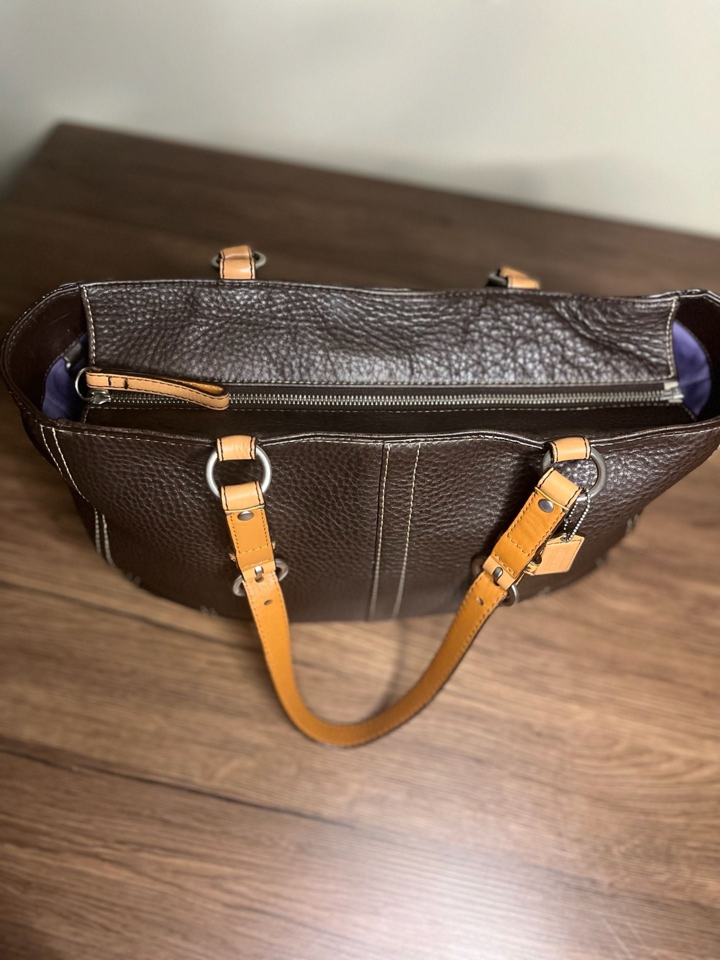 Coach Brown Pebbled Leather Tote Handbag with Tan Straps and Silver Hardware 7