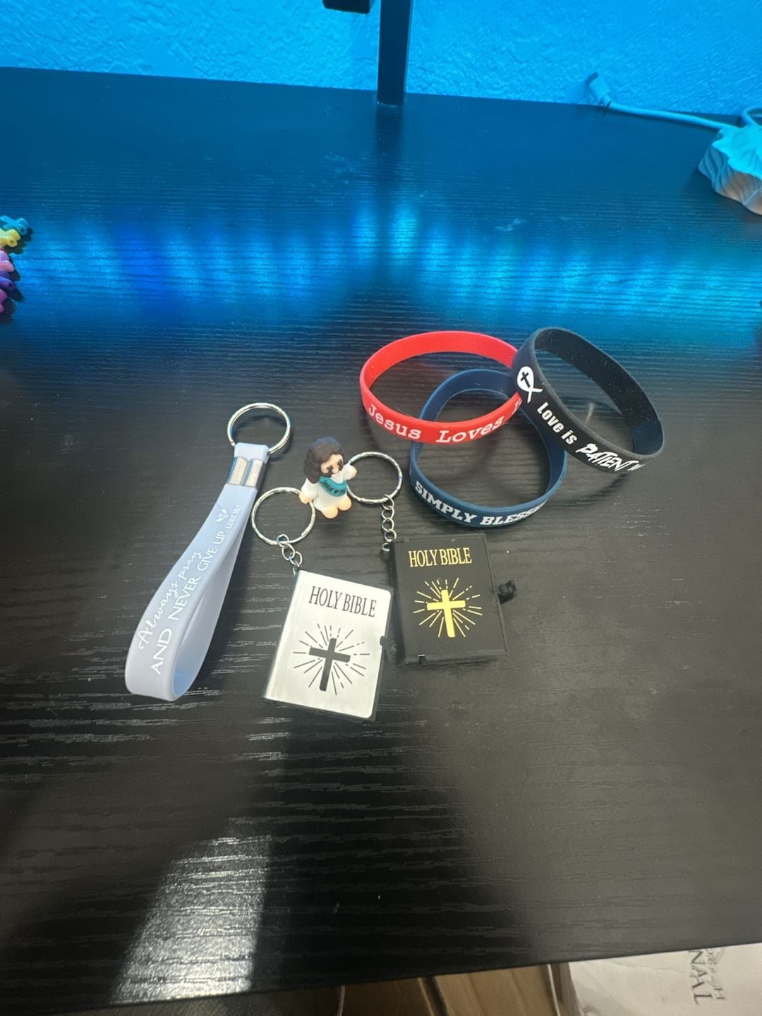 Christian Faith Bundle - Silicone Wristbands, Holy Bible Keychains, and Jesus Figurine 1