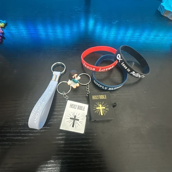 Christian Faith Bundle - Silicone Wristbands, Holy Bible Keychains, and Jesus Figurine