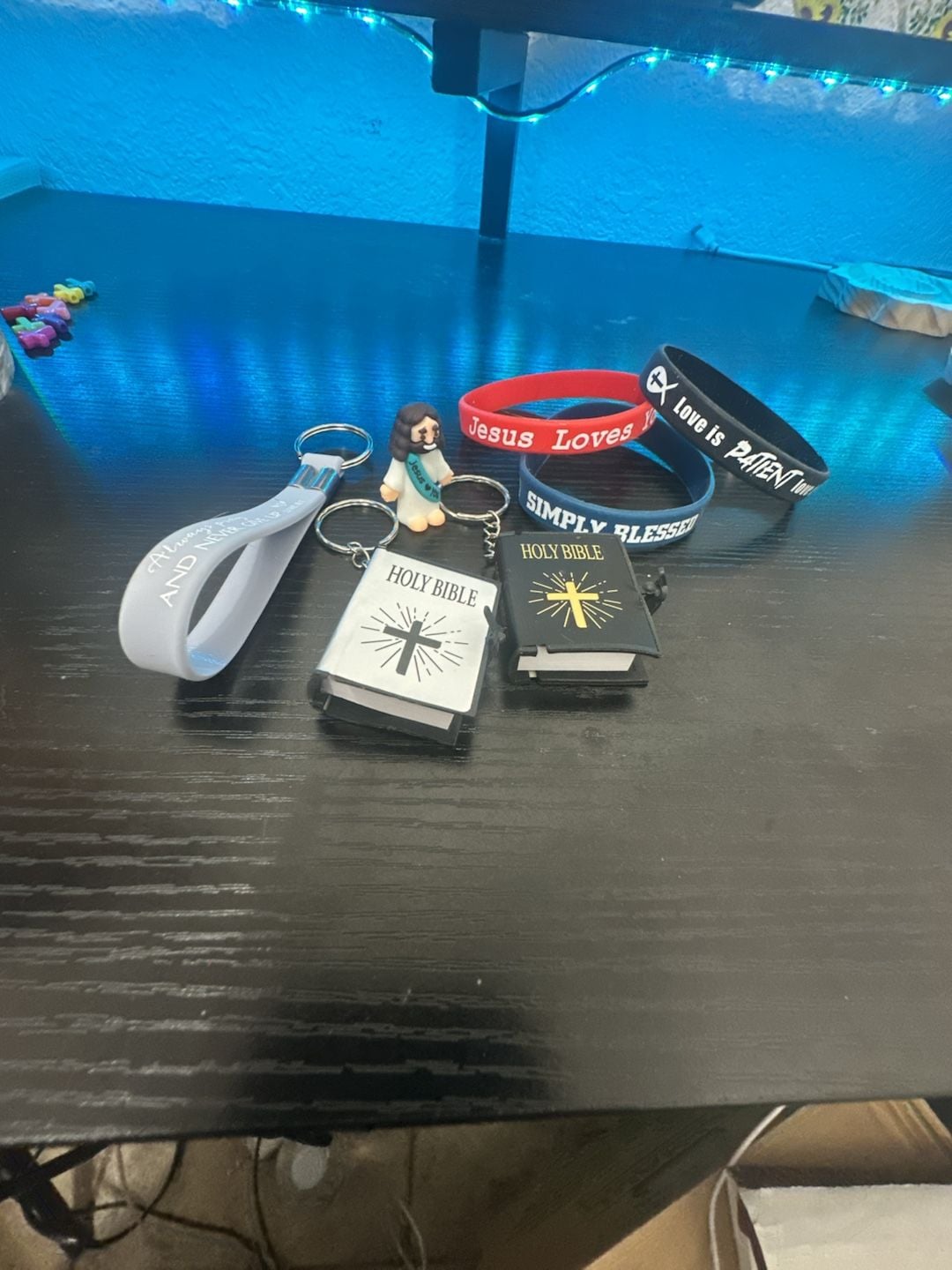 Christian Faith Bundle - Silicone Wristbands, Holy Bible Keychains, and Jesus Figurine 2