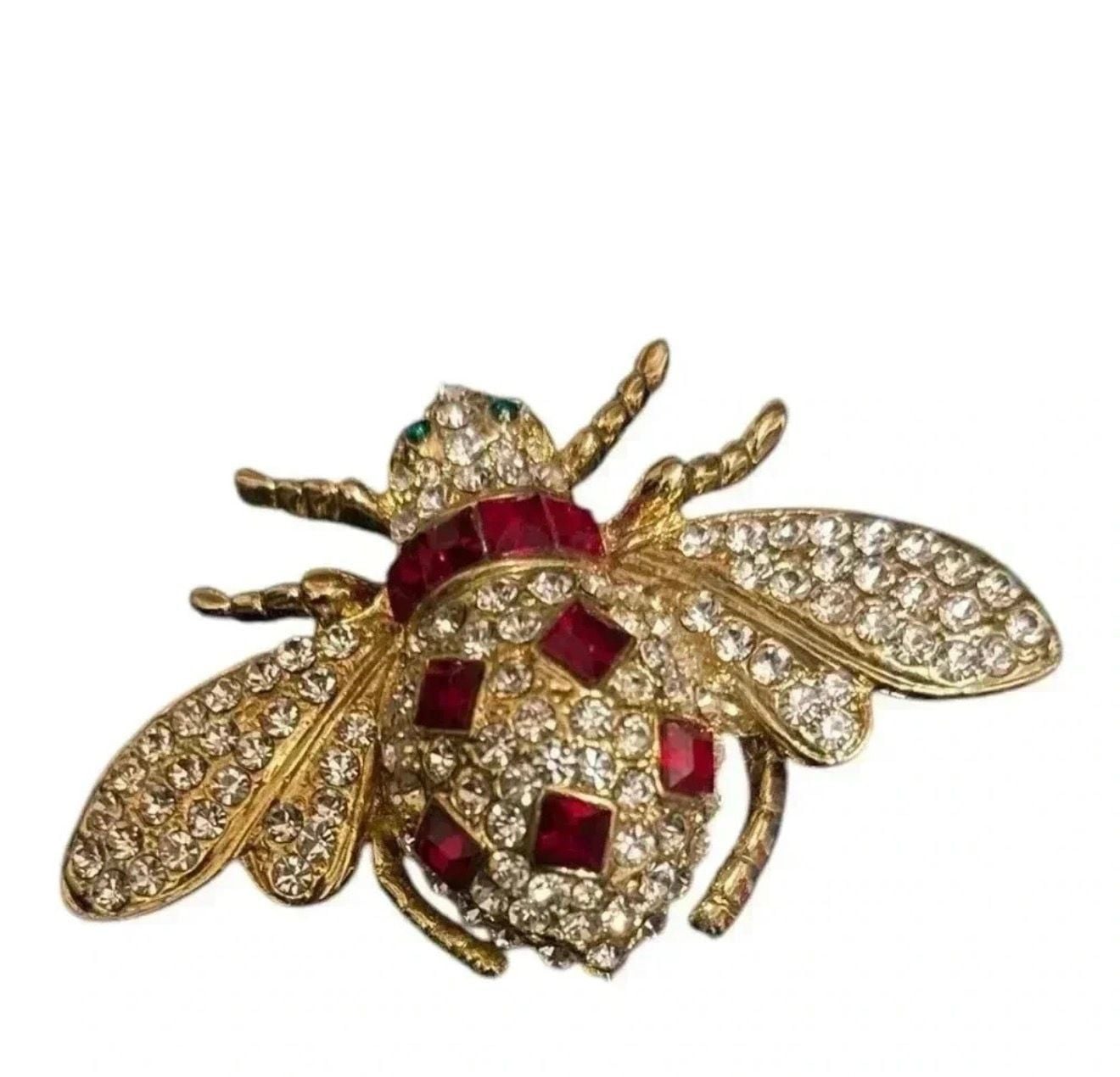 Gold Tone Red Rhinestone And Crystal Bee Brooch Pin 3