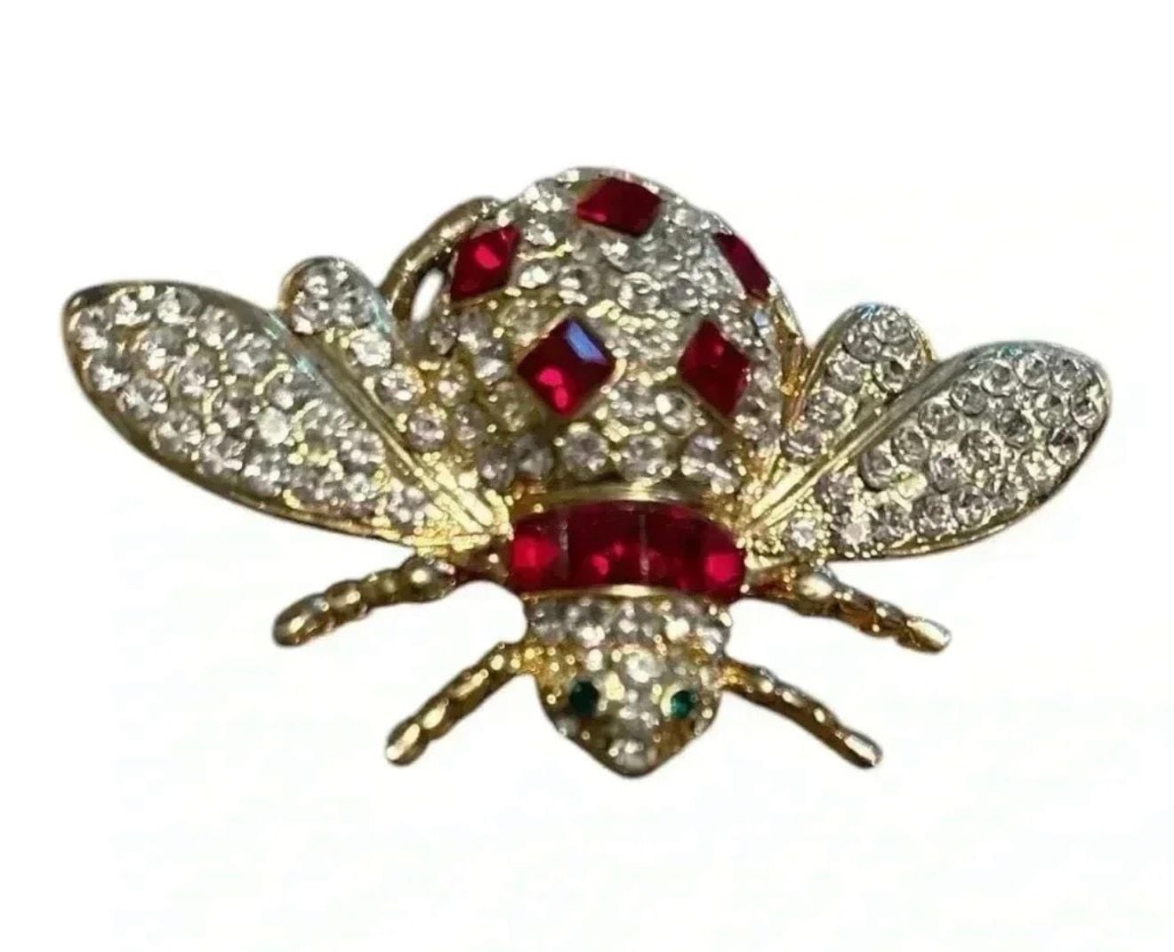 Gold Tone Red Rhinestone And Crystal Bee Brooch Pin 2