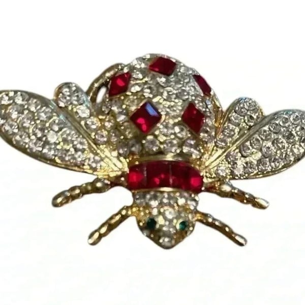 Gold Tone Red Rhinestone And Crystal Bee Brooch Pin